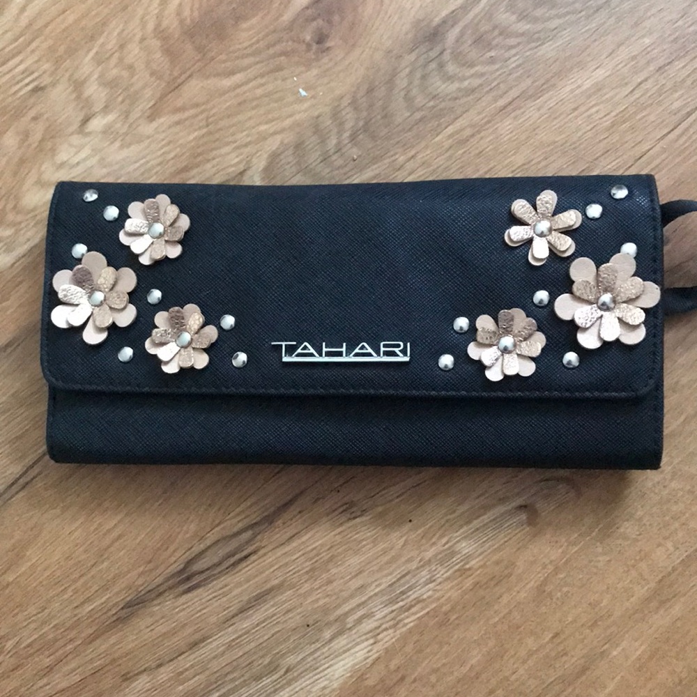 Leather Wallet with Pink Flower Accents